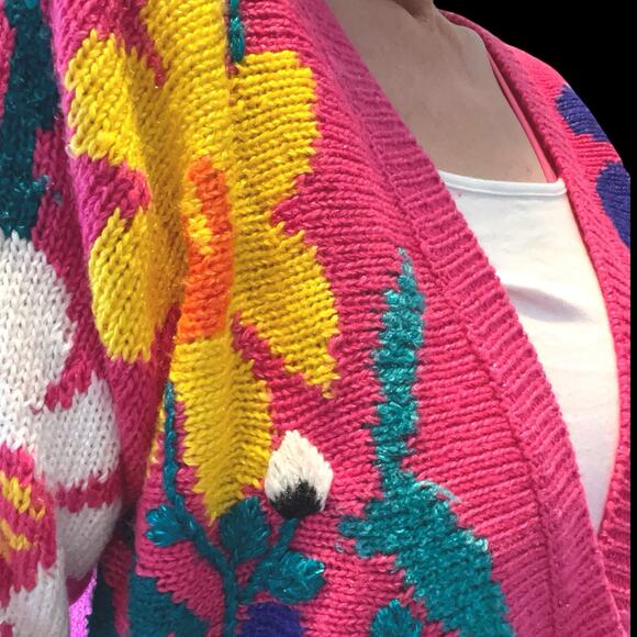 Vintage 80s Jaclyn Smith Hot Pink Floral Statement Cardigan Sweater Knit Small - Picture 12 of 12